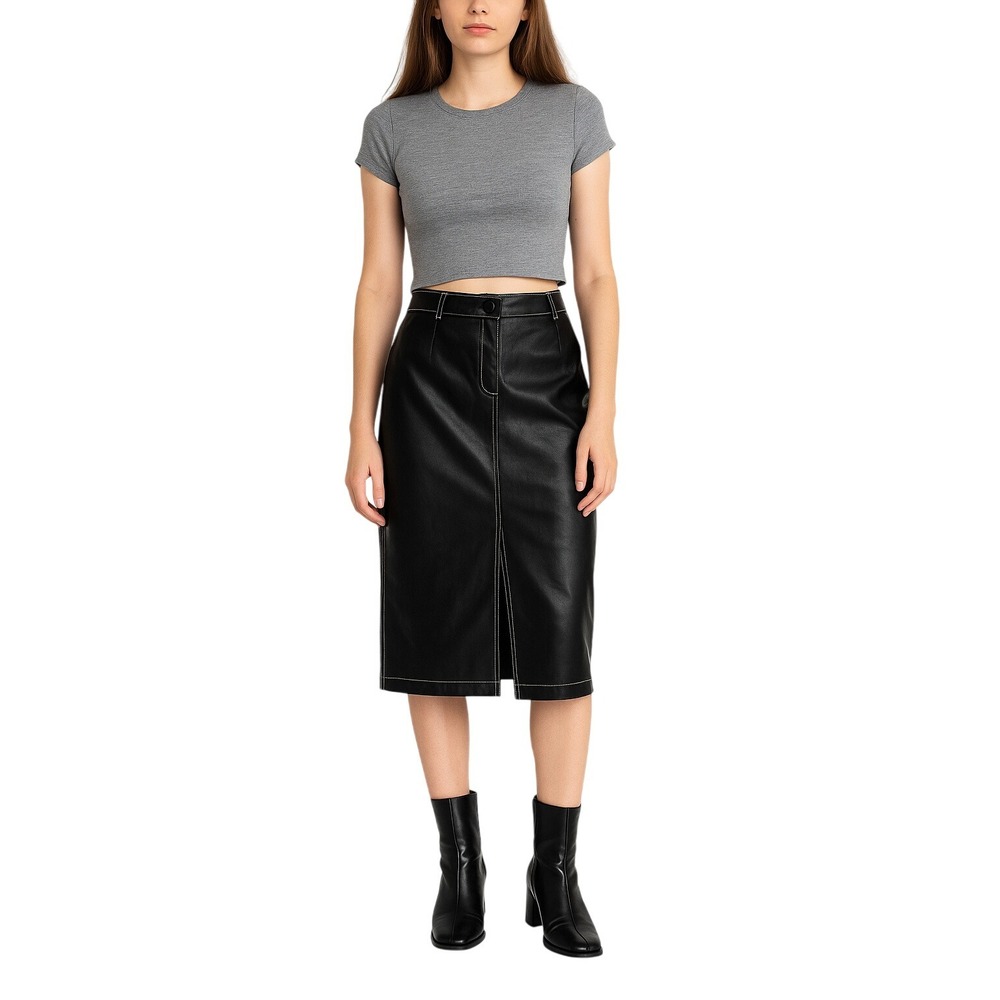 MEXX Y2K Black Leather Skirt M Lined Slit Midi Grunge Clubwear VINTAGE